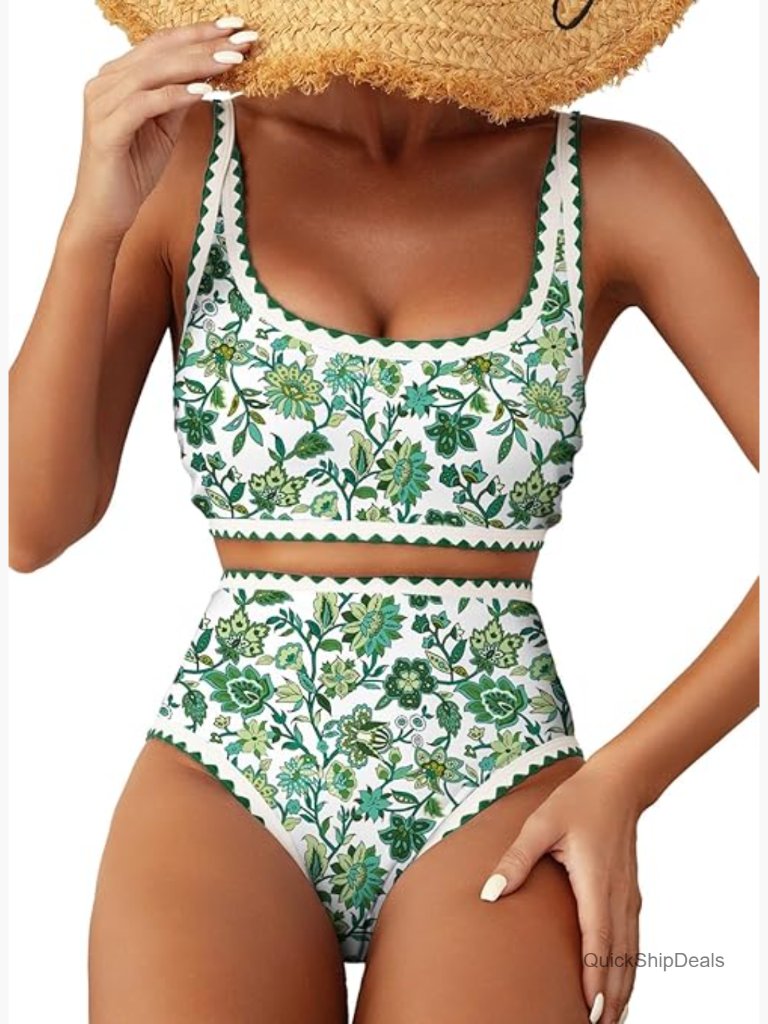Women's Bikini Set Floral Print Whip Stitch High Waisted Scoop Neck Bathing Suit